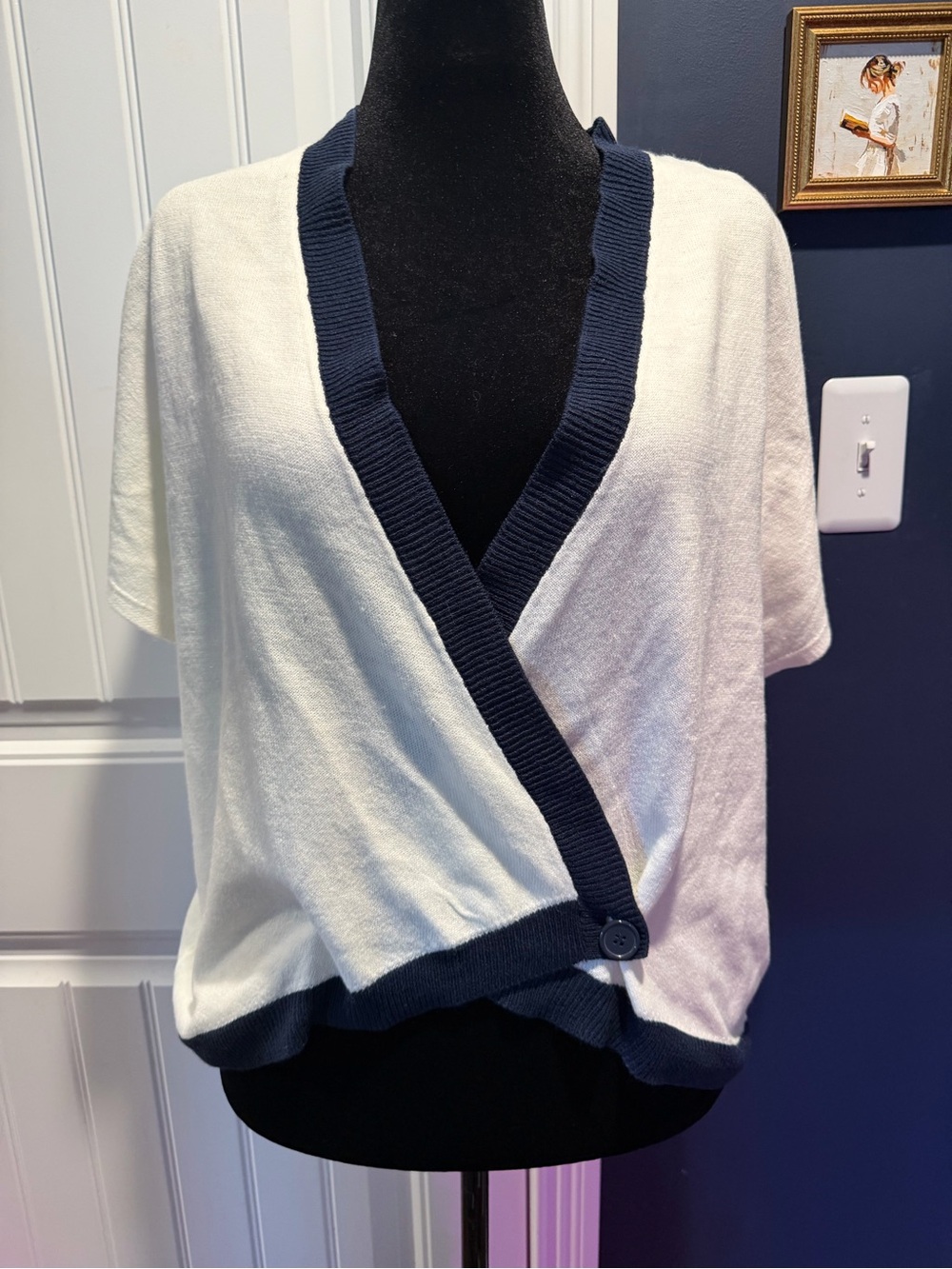 Classic Two-Tone Wrap Sweater - White and Navy
